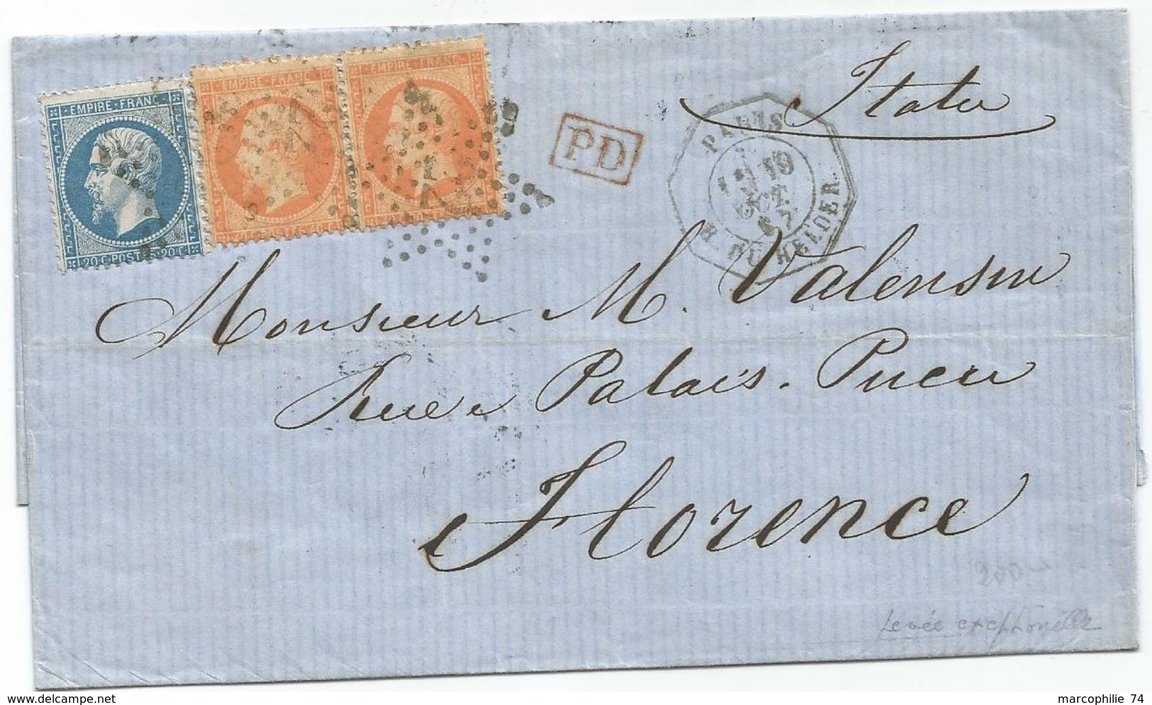 N°22+23X2 LETTRE ETOILE C. OCTOG LEVEE EXCEPTIONNELLE PARIS 19 OCT 1867 R DU HELDER POUR ITALIE  RARE - 1849-1876: Période Classique