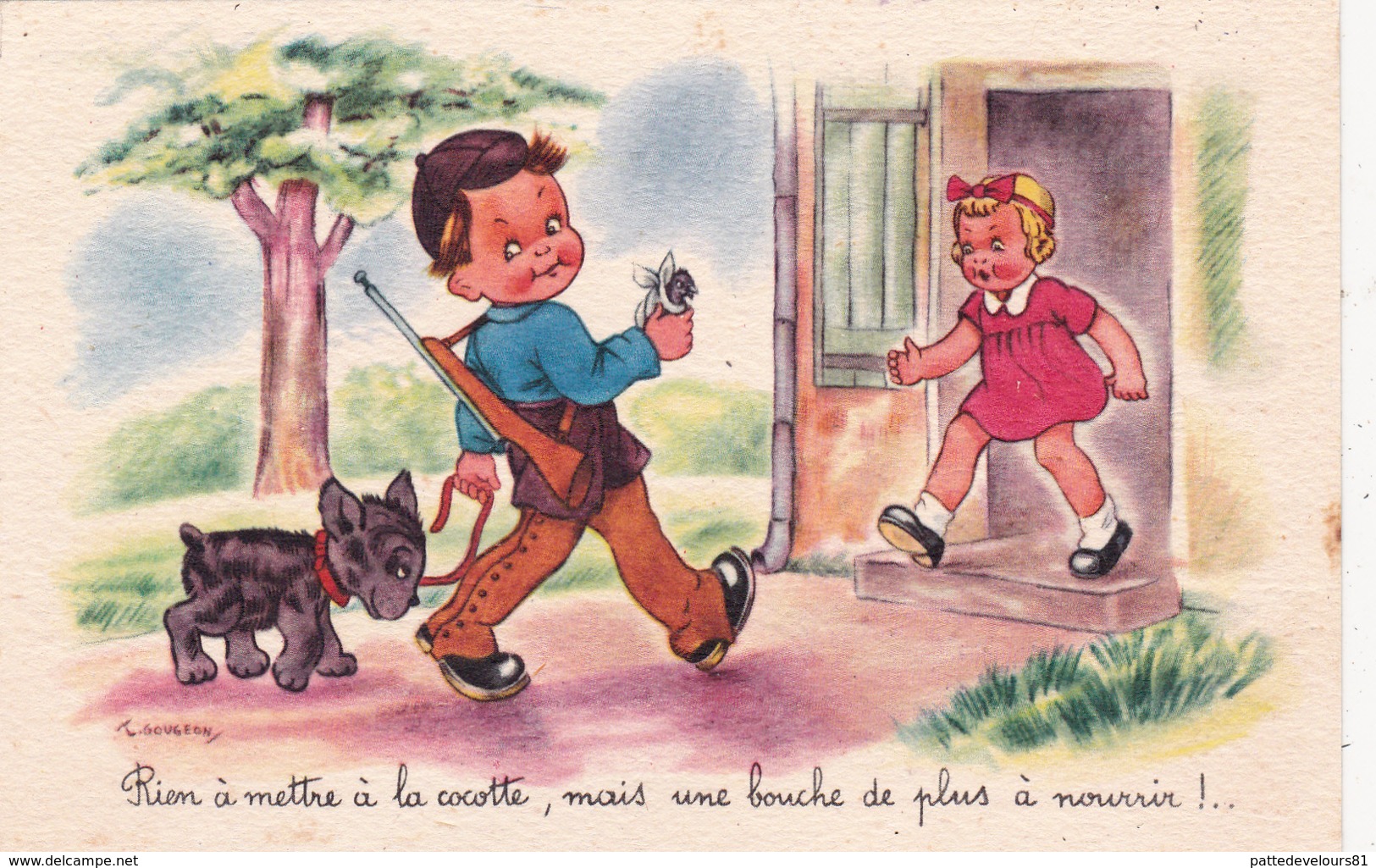 CPSM Enfant Chasse Chasseur Chien Dog Bouledogue Français French Bulldog Humour Fantaisie Illustrateur GOUGEON - Gougeon