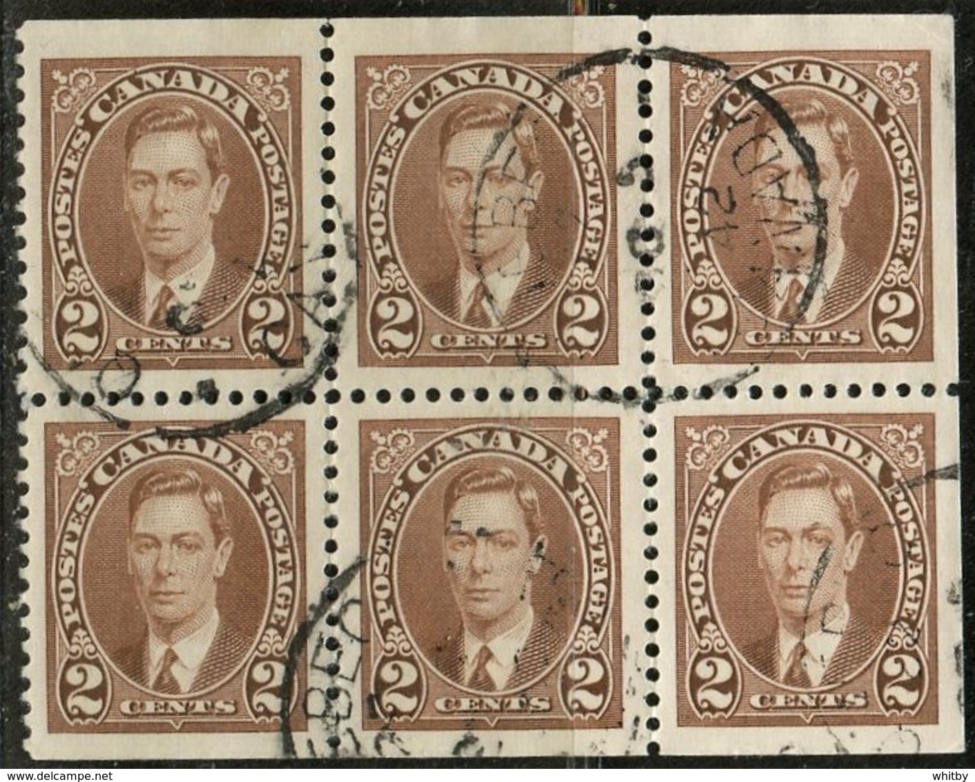 1937 2 Cent King George VI Mufti Issue #232b Booklet Pane Of 6 - Used Stamps