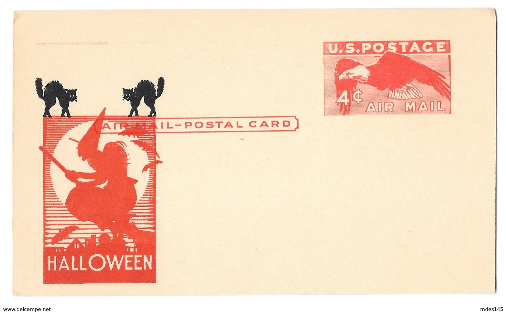 UXC1 Halloween Black Cat Witch Cachet 4c Eagle Aiir Mail Unused Postal Card - 1941-60