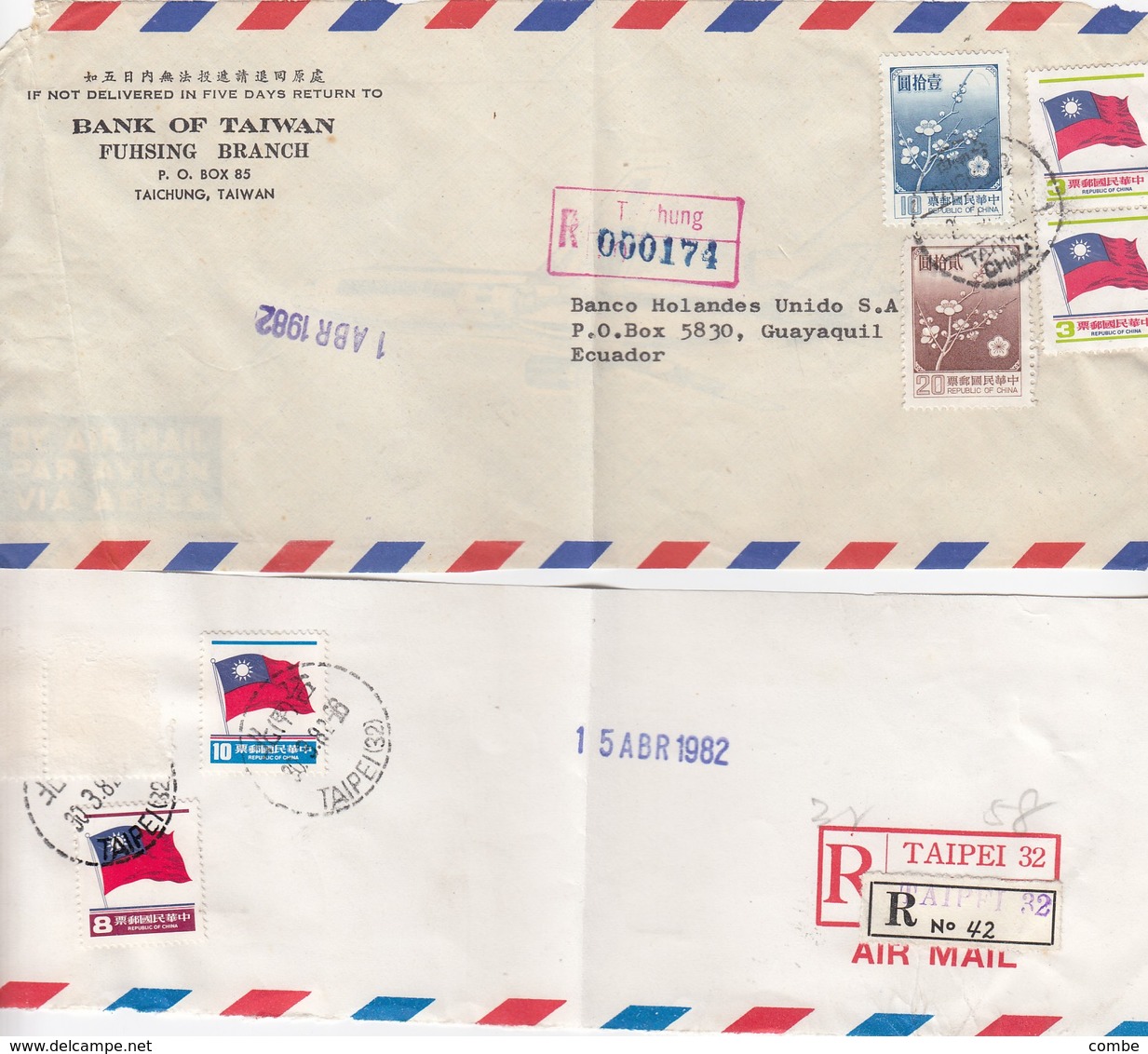 2 FRONT COVER TAIWAN. REGISTERED TAIPEI + TAICHUNG. BANK OF TAIWAN TO ECUADOR .   / 2 - Lettres & Documents