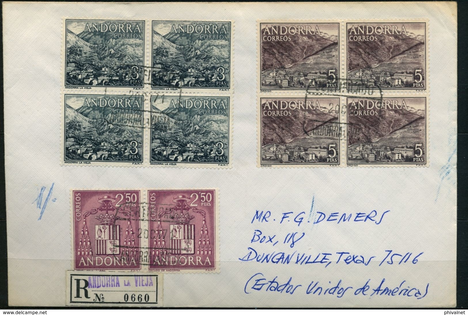 1971 , ANDORRA ESPAÑOLA , ED. 65 (4) , 66 (4) , 64 (2) . CERTIFICADO ANDORRA LA VIEJA - TEXAS , LLEGADA - Cartas & Documentos