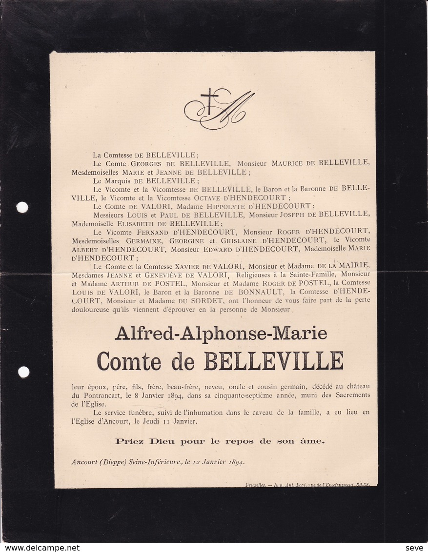 ANCOURT DIEPPE Alfred Comte De BELLEVILLE Château Du PONTRANCART 57 Ans 1894 Famille De VALORI De BONNAULT - Décès