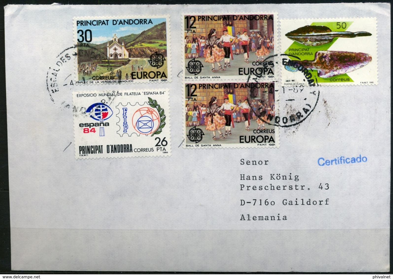 1989 , ANDORRA ESPAÑOLA ,  CERTIFICADO ,  ESCALDES A GAILDORF , TEMA EUROPA , PREHISTORIA - Storia Postale