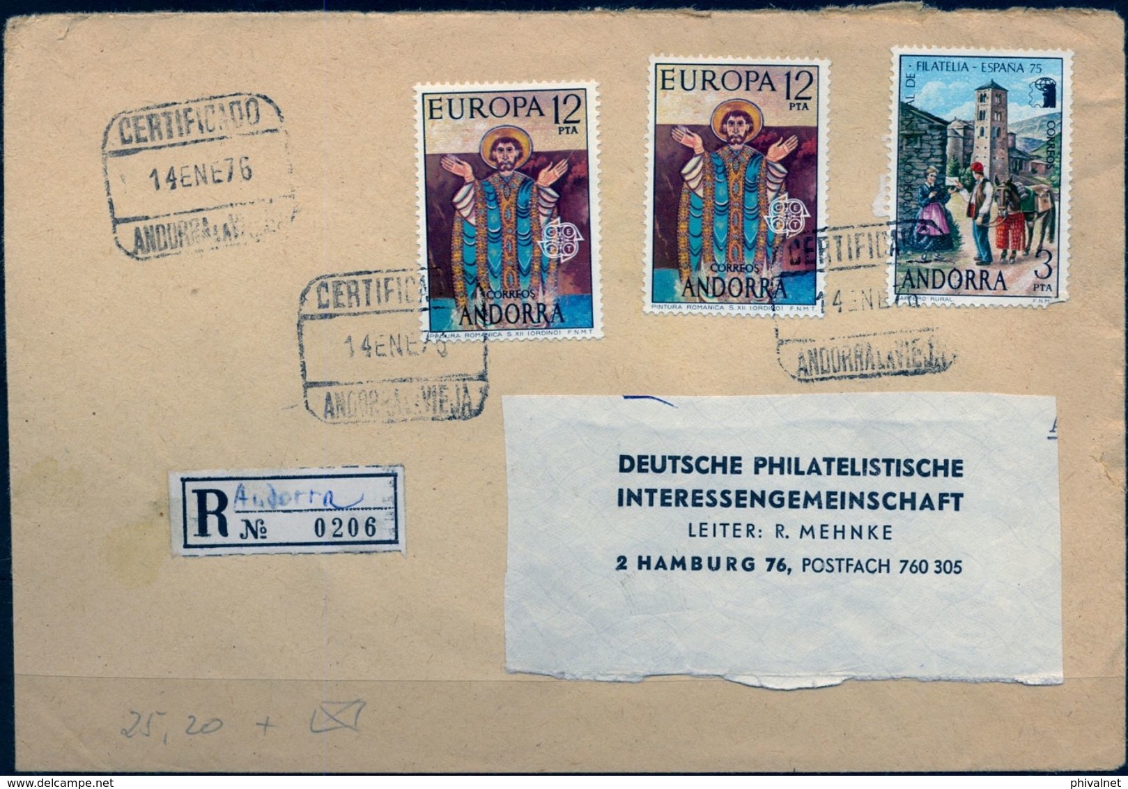 1976 , ANDORRA ESPAÑOLA ,  CERTIFICADO ANDORRA LA VIEJA - HAMBURGO , ED. 96 , 98 (2) - Storia Postale