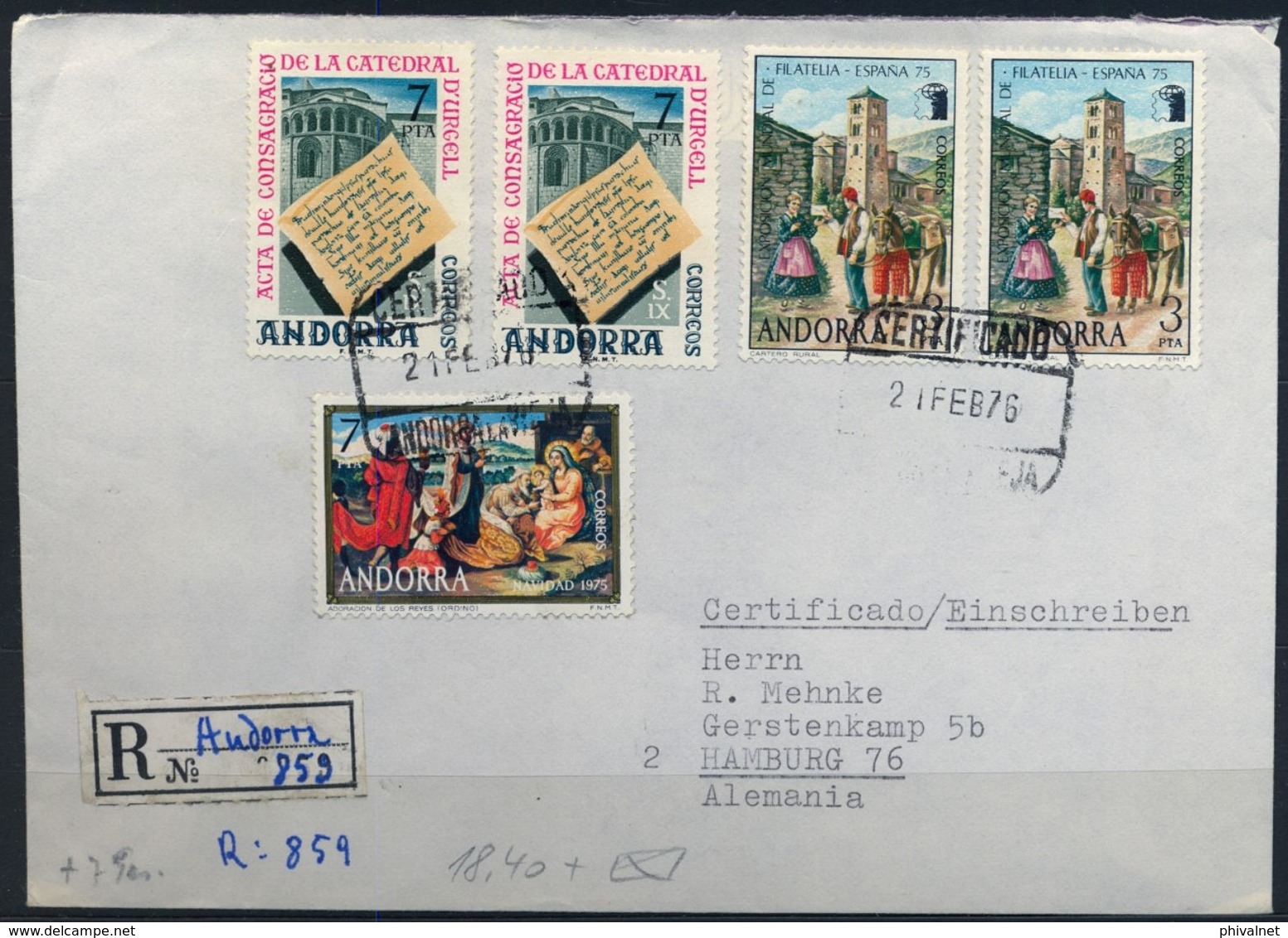 1976 , ANDORRA ESPAÑOLA ,  CERTIFICADO ANDORRA LA VIEJA - HAMBURGO , ED. 96 (2) , 99 (2) , 101 - Lettres & Documents