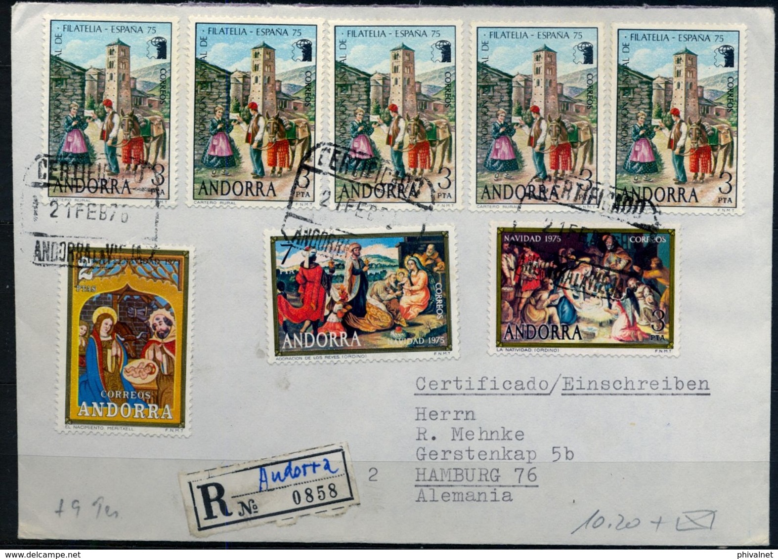 1976 , ANDORRA ESPAÑOLA ,  CERTIFICADO ANDORRA LA VIEJA - HAMBURGO , ESPAÑA 75 , NAVIDAD - Cartas & Documentos