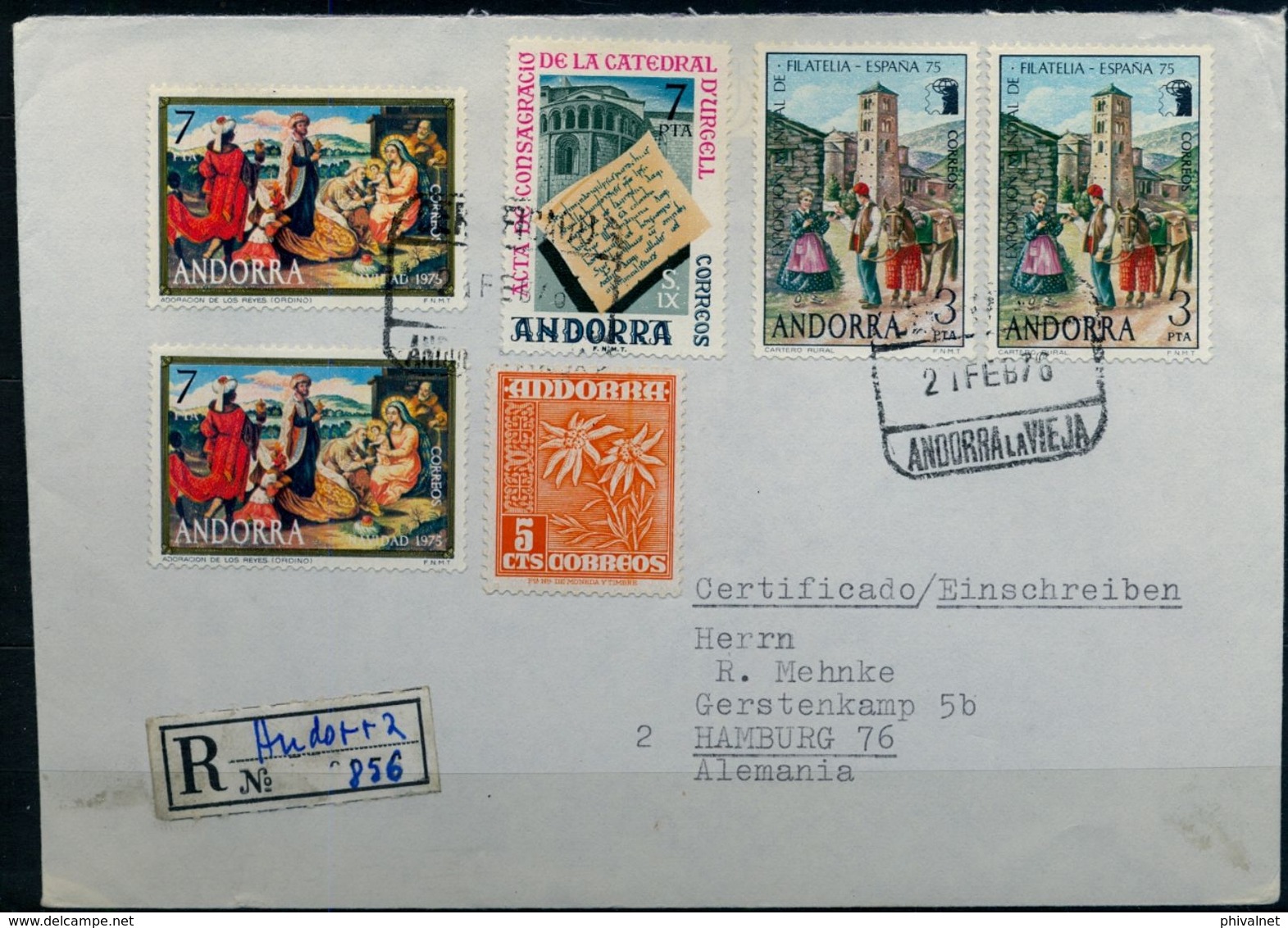 1976 , ANDORRA ESPAÑOLA ,  CERTIFICADO ANDORRA LA VIEJA - HAMBURGO , ESPAÑA 75 , NAVIDAD - Covers & Documents