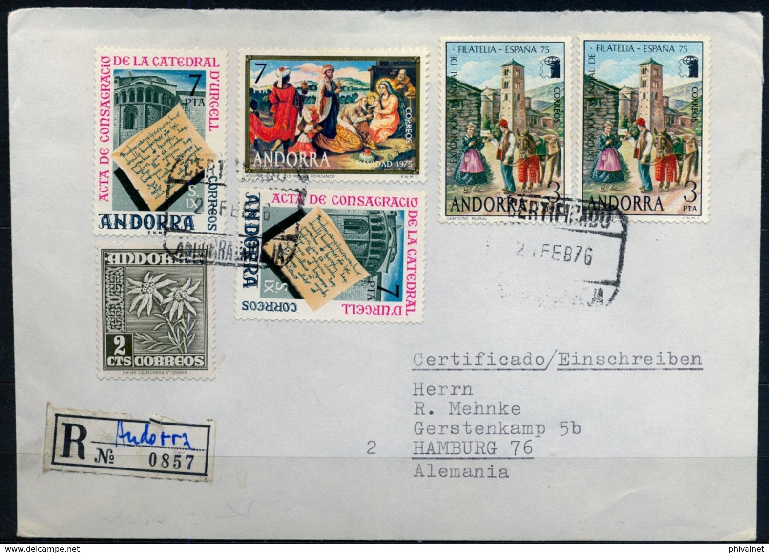 1976 , ANDORRA ESPAÑOLA ,  CERTIFICADO ANDORRA LA VIEJA - HAMBURGO - Storia Postale