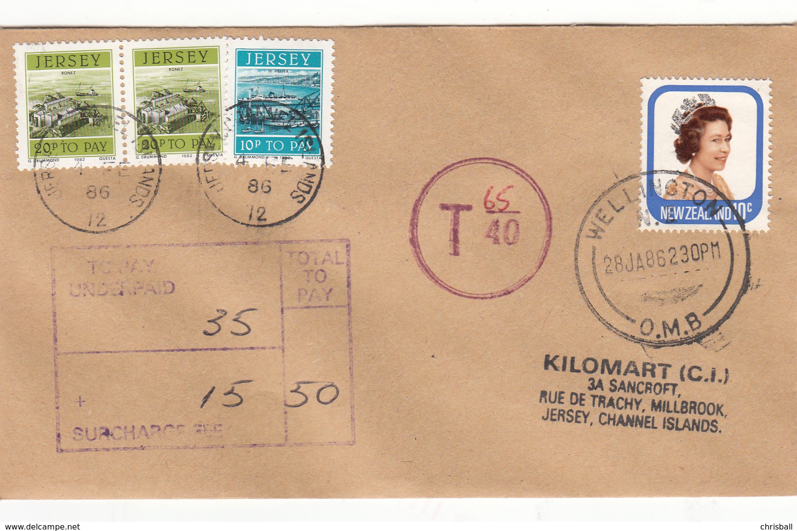 New Zealand Pictorial Used On Underpaid Cover To Jersey With Postage Due 2 X 20p + 10p - Segnatasse