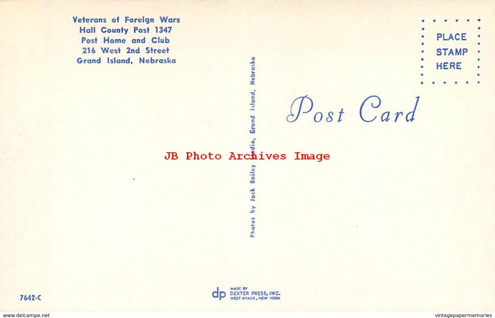 279287-Nebraska, Grand Island, VFW Club Post 1347, Jack Bailey Studio By Dexter Press No 7642-C - Grand Island