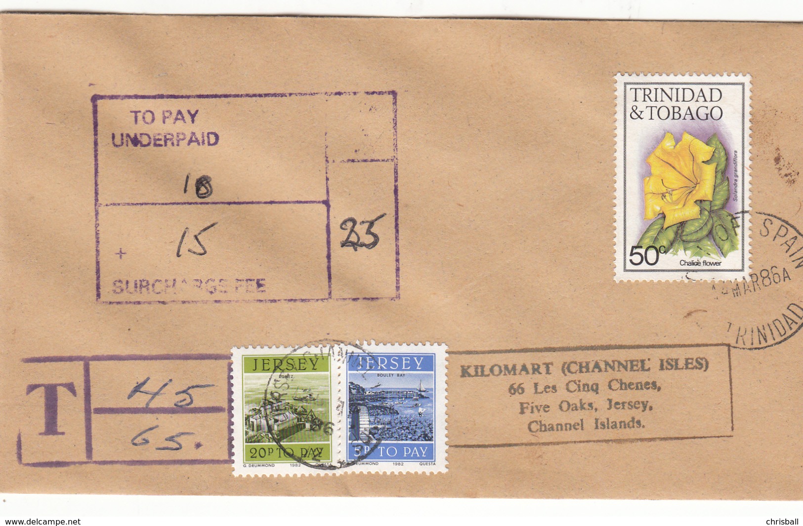 Trinidad & Tobago Pictorial Used On Underpaid Cover To Jersey With Postage Due  20p + 5p - Trinidad & Tobago (1962-...)