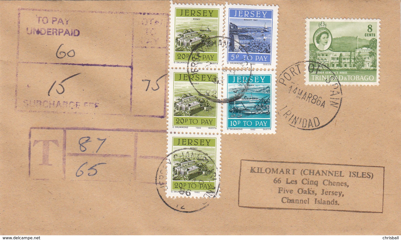 Trinidad & Tobago Pictorial Used On Underpaid Cover To Jersey With Postage Due  3 X 20p + 10p +5p - Trinité & Tobago (1962-...)