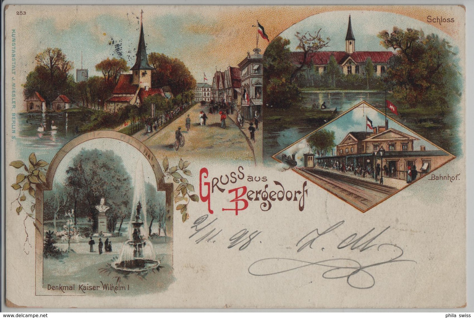 Gruss Aus Bergedorf - Kirche, Bahnhof, Denkmal Kaiser Wilhelm I, Schloss - Lithographie Litho - Bergedorf