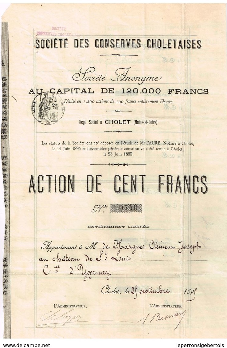 Action Ancienne - Société Des Conserves Choletaises -Titre De 1895 - Industrie