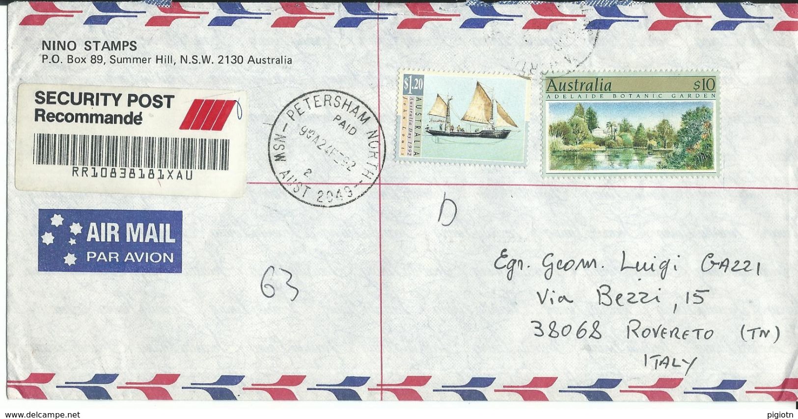 AUS003 - AUSTRALIA -LETTERA RACCOMANDATA DA PETERSHAM NORTH A ROVERETO 1992 - N. 1235+1111 CAT. YVERT - Storia Postale