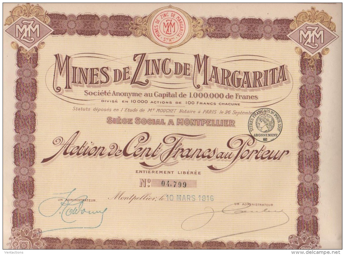 34-MINES DE ZINC DE MARGARITA. MONTPELLIER - Other & Unclassified