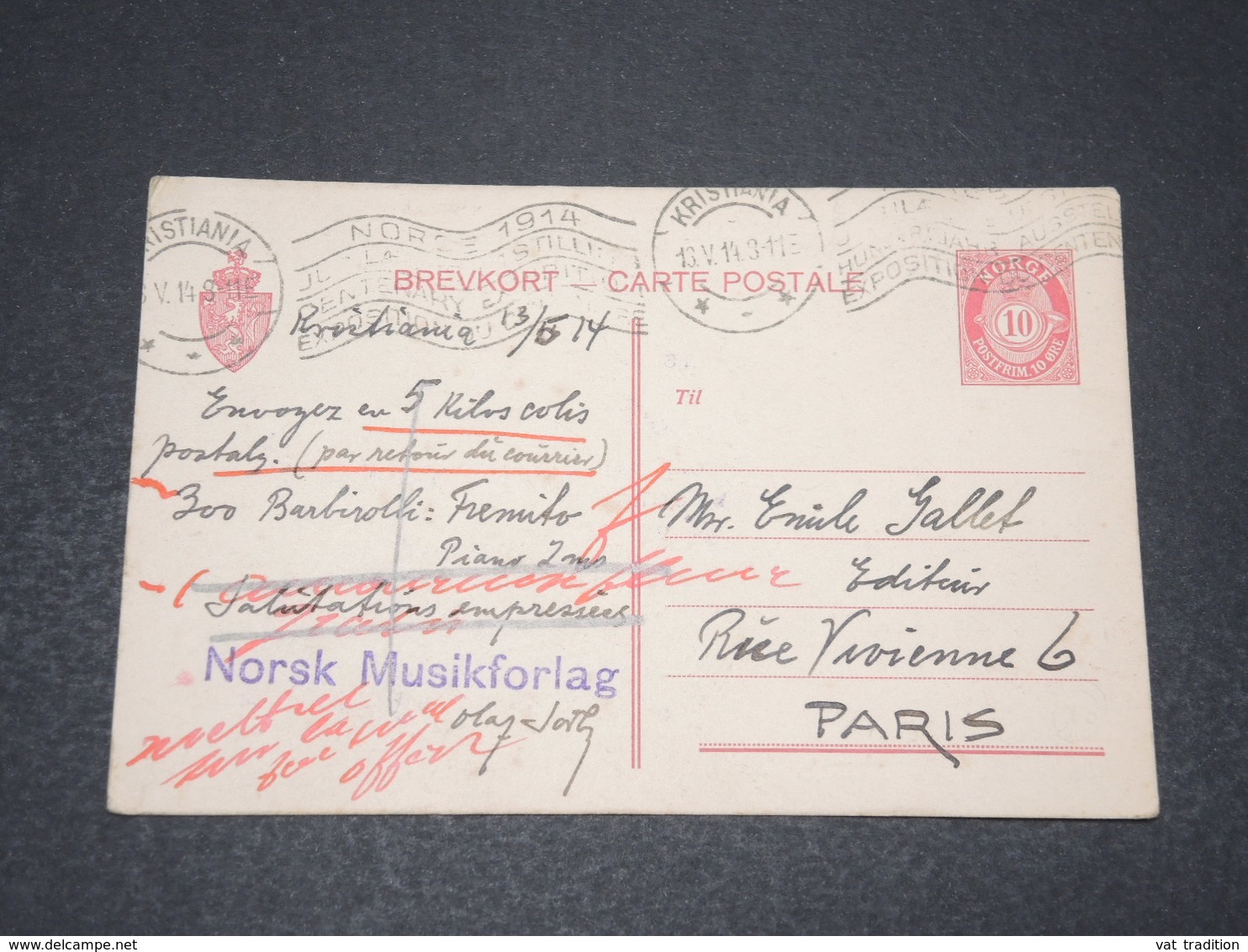 NORVÈGE - Entier Postal De Kristiana Pour Paris En 1914 - L 15262 - Enteros Postales