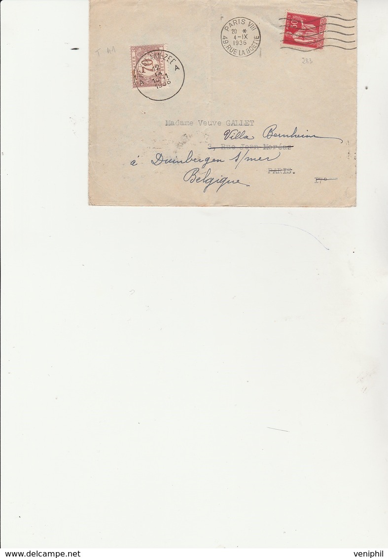 LETTRE AFFRANCHIE N° 283  ET TAXE BELGE N° 41  - CAD PARIS 1936 - 1960-.... Briefe & Dokumente