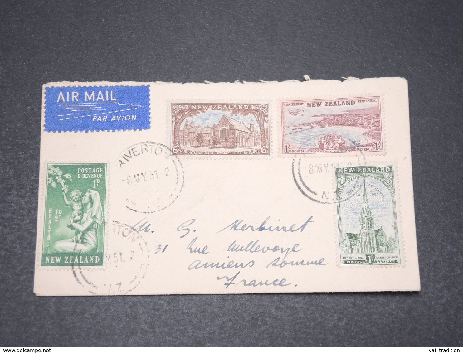 NOUVELLE ZÉLANDE - Enveloppe De Riverton Par Avion Pour La France En 1951 , Affranchissement Plaisant - L 15296 - Lettres & Documents
