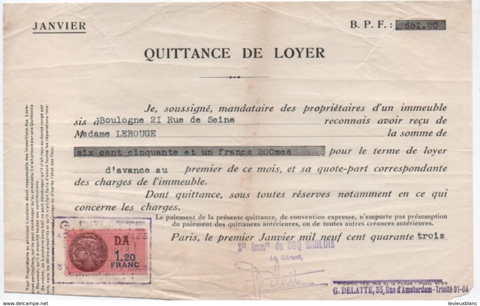 Quittance De Loyer /Reçu/Timbre Fiscal 1,20 Francs / Boulogne-Billancourt/ 1943                        QUIT10 - Unclassified