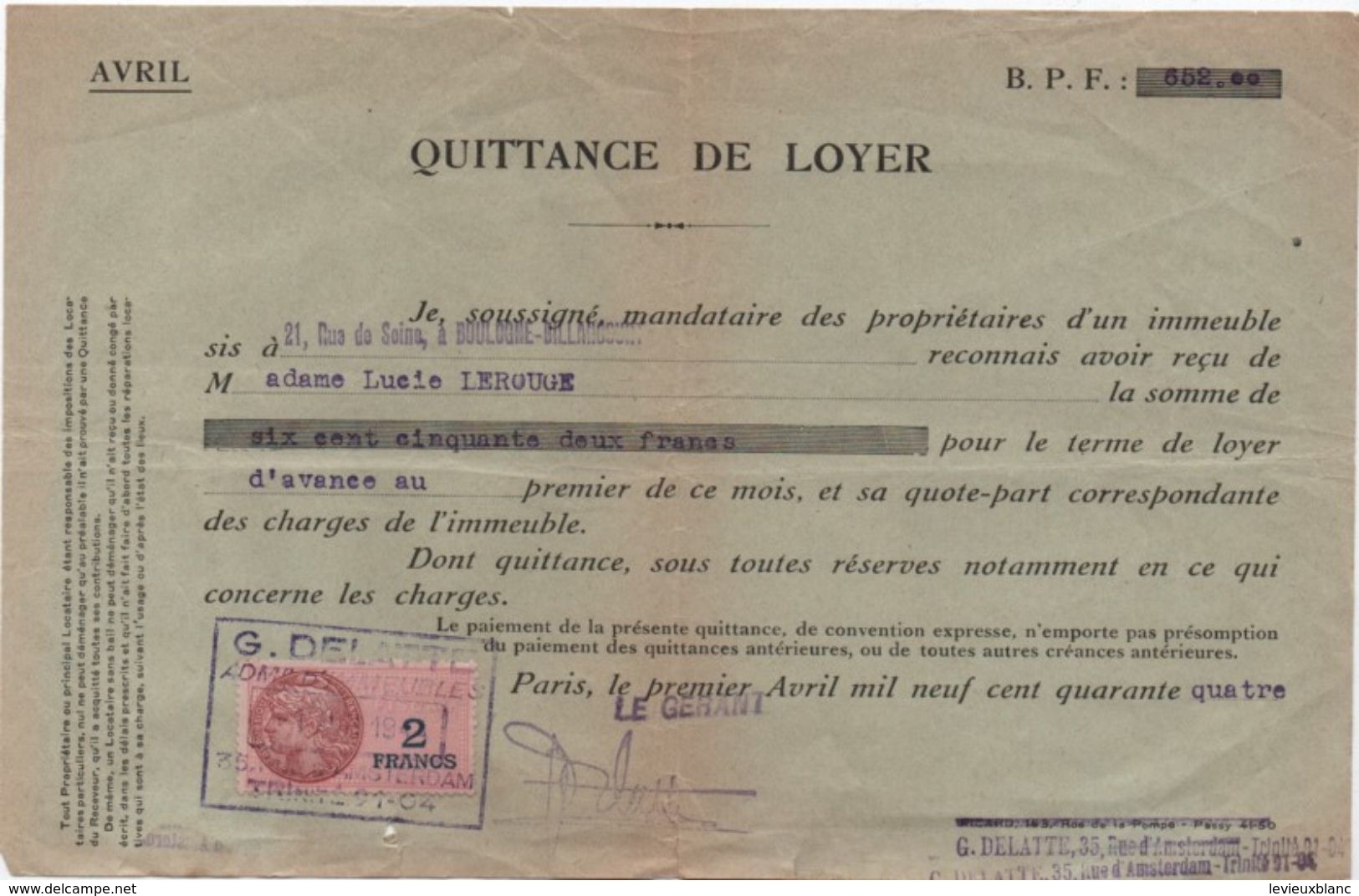 Quittance De Loyer /Reçu/Timbre Fiscal 2 Francs / Boulogne-Billancourt/ 1944                        QUIT15 - Non Classés