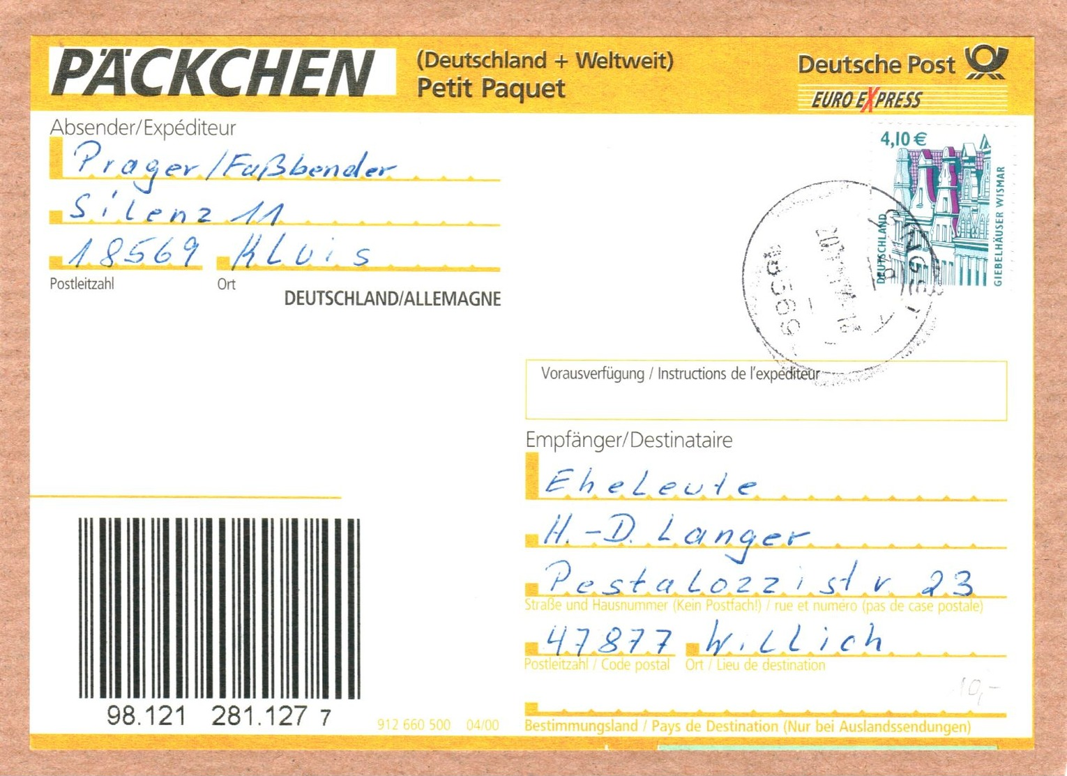 Bund 2323 EF Portogenau Auf Päckchen - Adressenteil Von Gingst 2004 - Cartas & Documentos