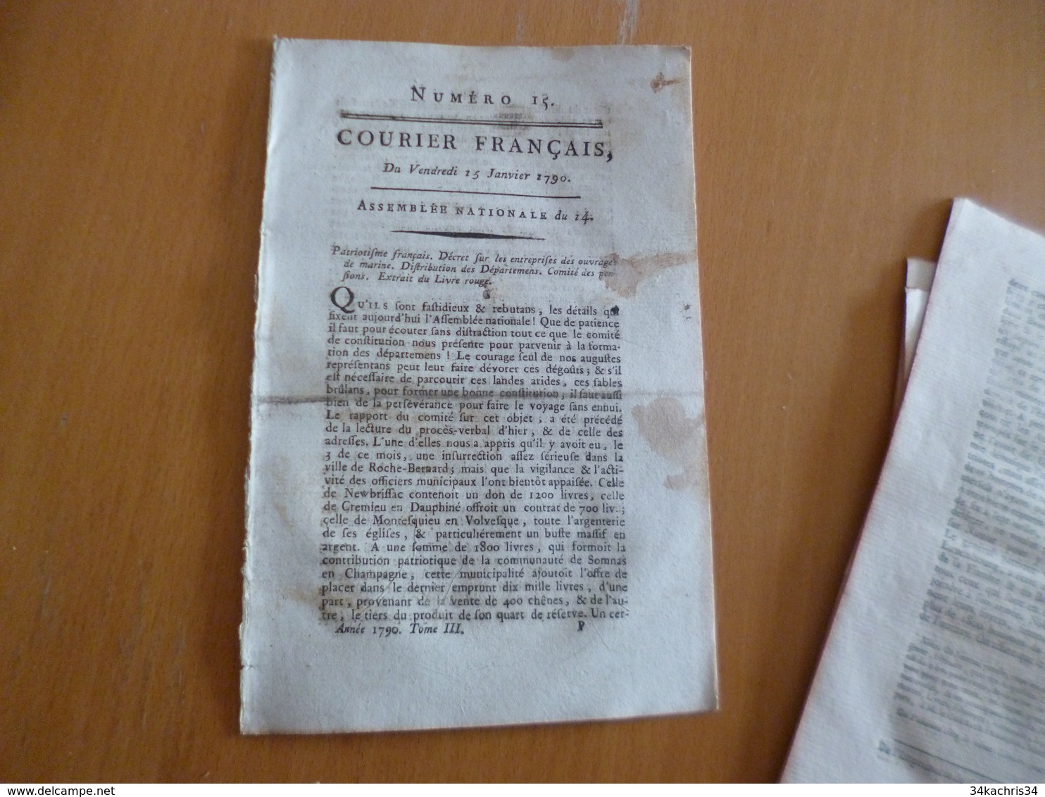 Courrier Français N°15  Assemblée Nationale 15/01/1790 Révolution Livre Rouge, Pensions, Marine, Départements - Decreti & Leggi