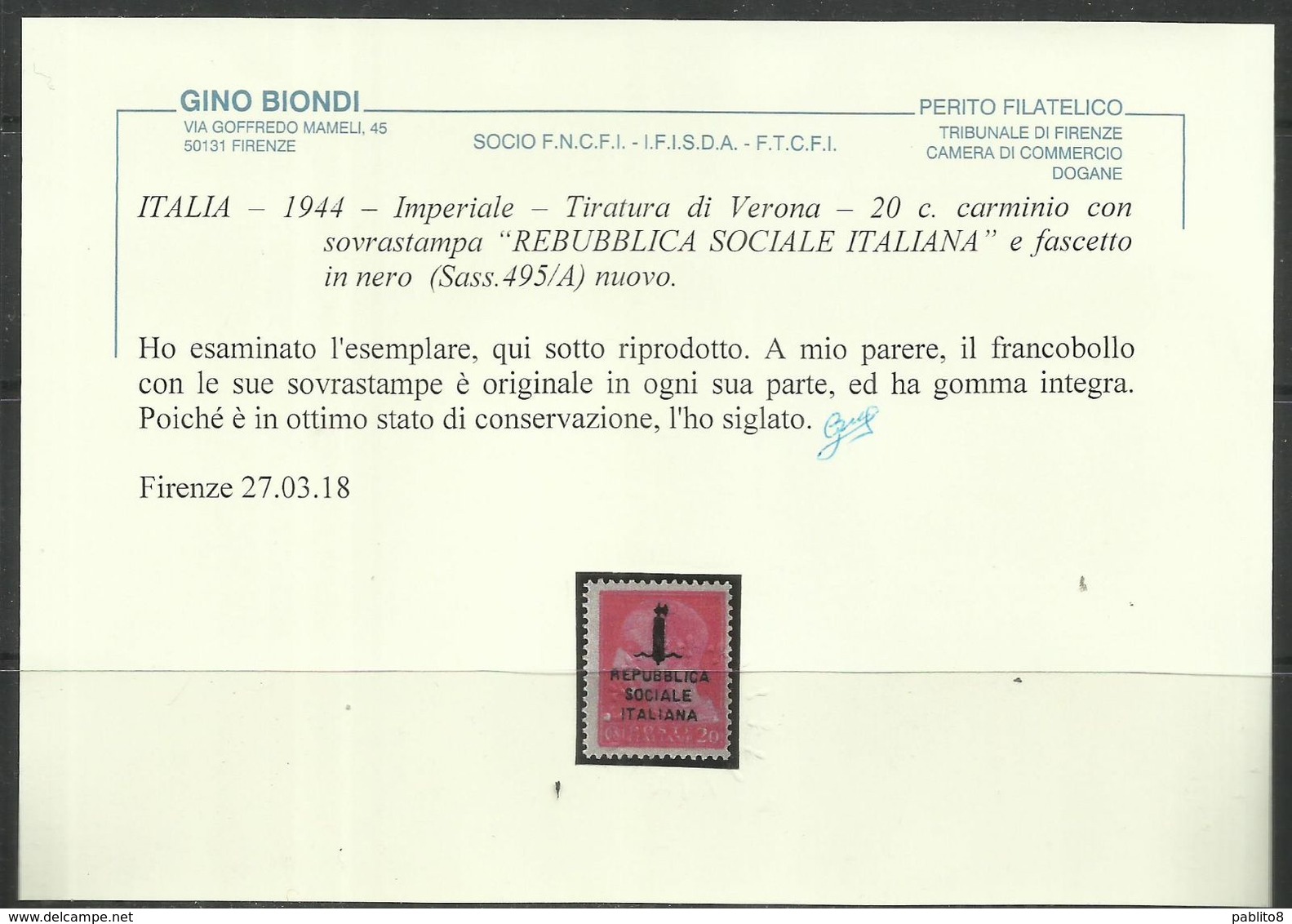 ITALIA REGNO ITALY KINGDOM 1944 REPUBBLICA SOCIALE ITALIANA RSI GIULIO CESARE CENT. 20c  FASCIO MNH CERTIFICATO - Mint/hinged