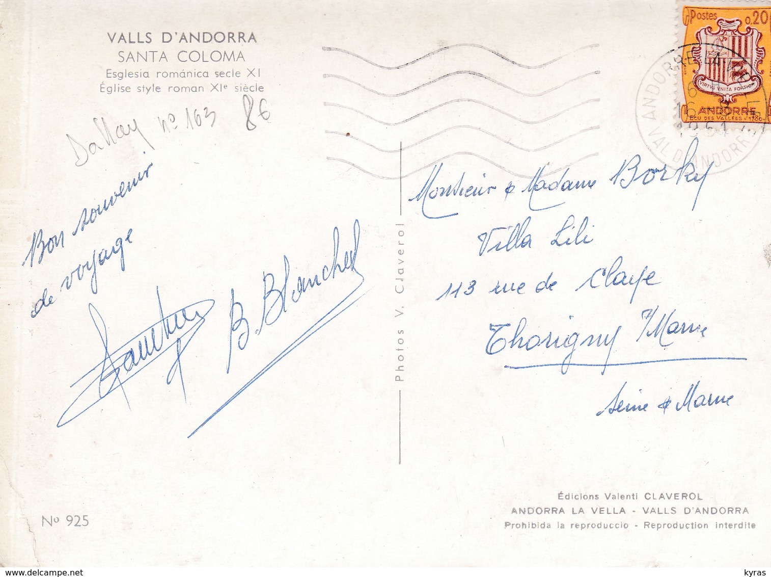 Timbre S/ Carte Postale . ANDORRE.  0.20 Fr Ecu Des Vallées (Santa Coloma Eglise Style Roman XI° S.) - Storia Postale