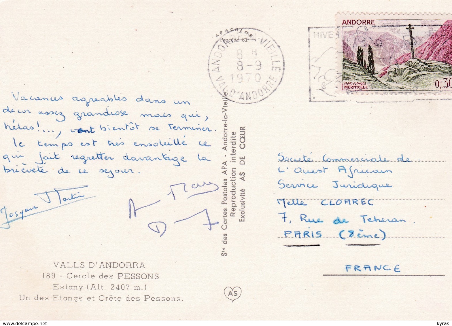 Timbre S/ Carte Postale . ANDORRE. 0.30 Violet / Vert . Croix Gothique MERITXELL (Un Des étangs & Crête Des Pessons ) - Brieven En Documenten