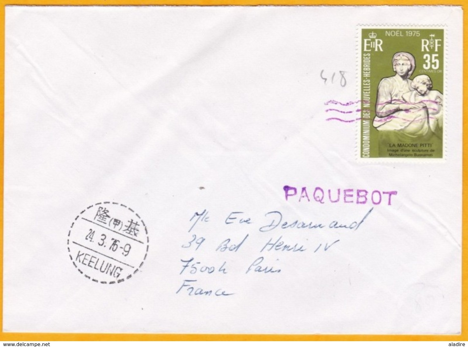 1976 - Enveloppe Des Nouvelles Hébrides  Vers Paris, France Par Paquebot, Escale De Keeling, Taiwan - Covers & Documents