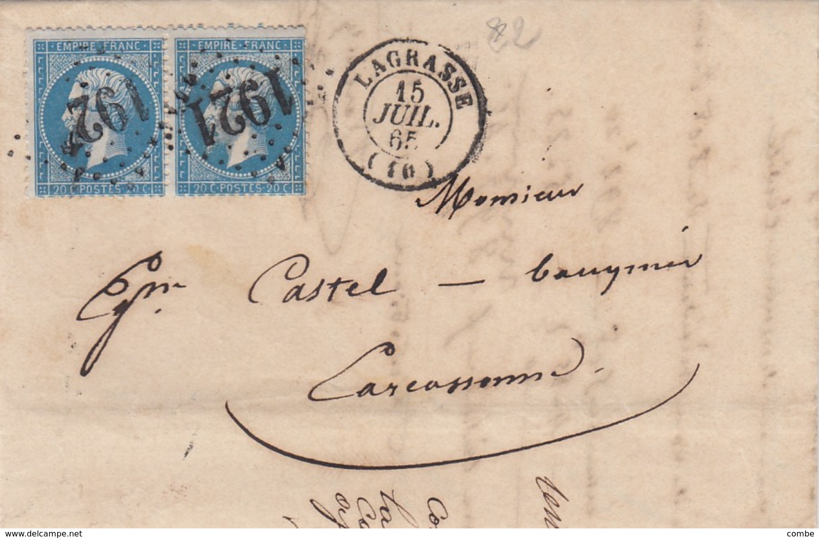 LETTRE 15 JUIL 65. AUDE LAGRASSE GC 1921. PAIRE NAPOLEON 20c.POUR CARCASSONNE   / 2 - 1849-1876: Klassik