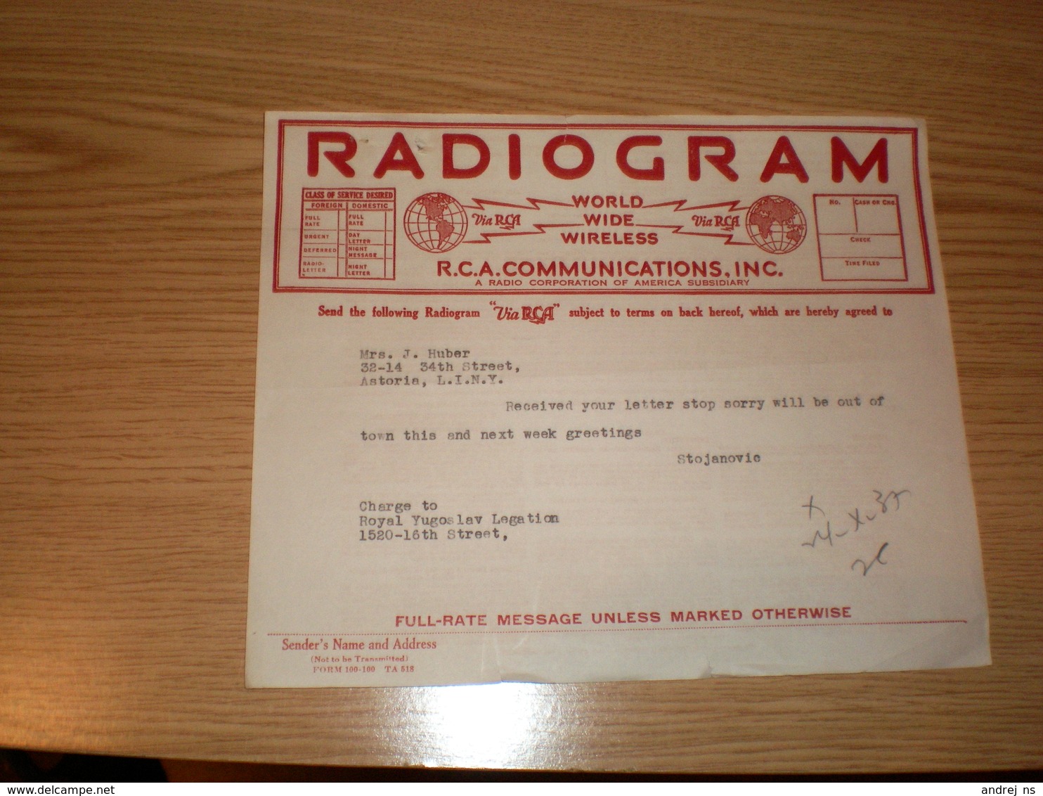 Radiogram  RCA Communication INC  Royal Yugoslav Legation Washington Mrs J Huber - Autres & Non Classés