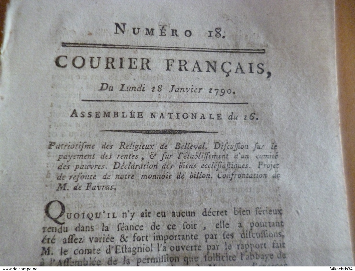 Courrier Français N°18  Assemblée Nationale 18/01/1790 Favras Monnaies Billon Patriotisme Belleval - Decrees & Laws