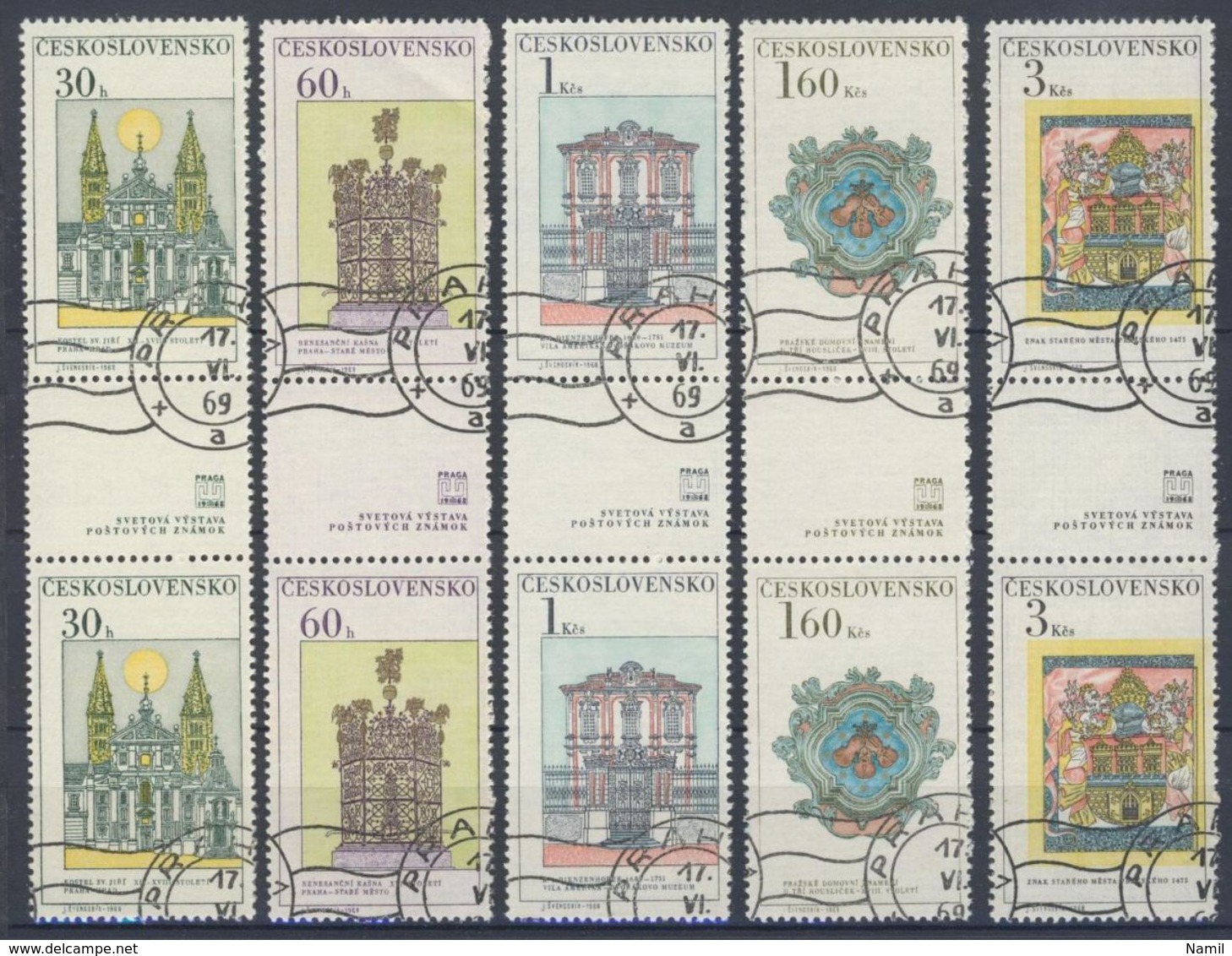 Tchécoslovaquie 1968 Mi 1798-1803 ZS (Yv 1647-52 Les Paires Avec Interpaneau), Obliteré - Gebraucht