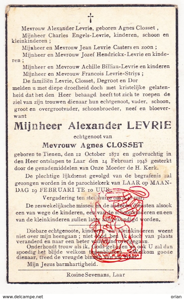 DP Alexander Levrie ° Tienen 1872 † Laar 1945 X Agnes Closset / Casters Billiau Striys Dor Degroot Engels - Devotieprenten