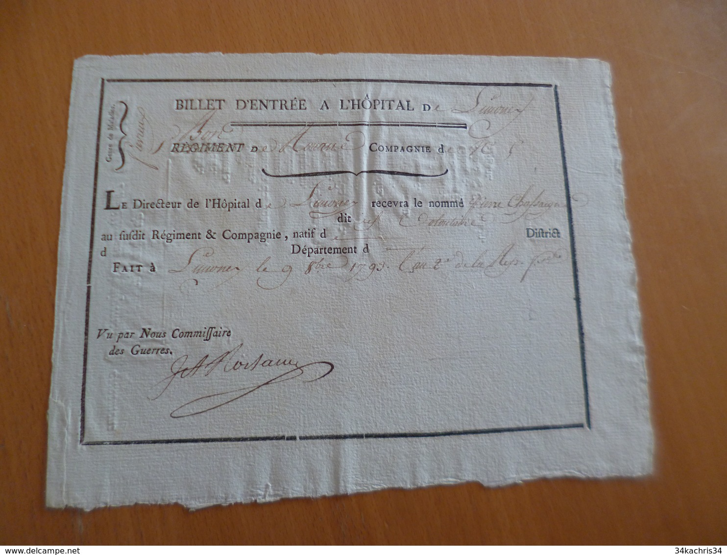 Billet D'entrée à L'Hôpital De Limonest Régiment De Romans 09/10/1793 Chafsaigne - Dokumente