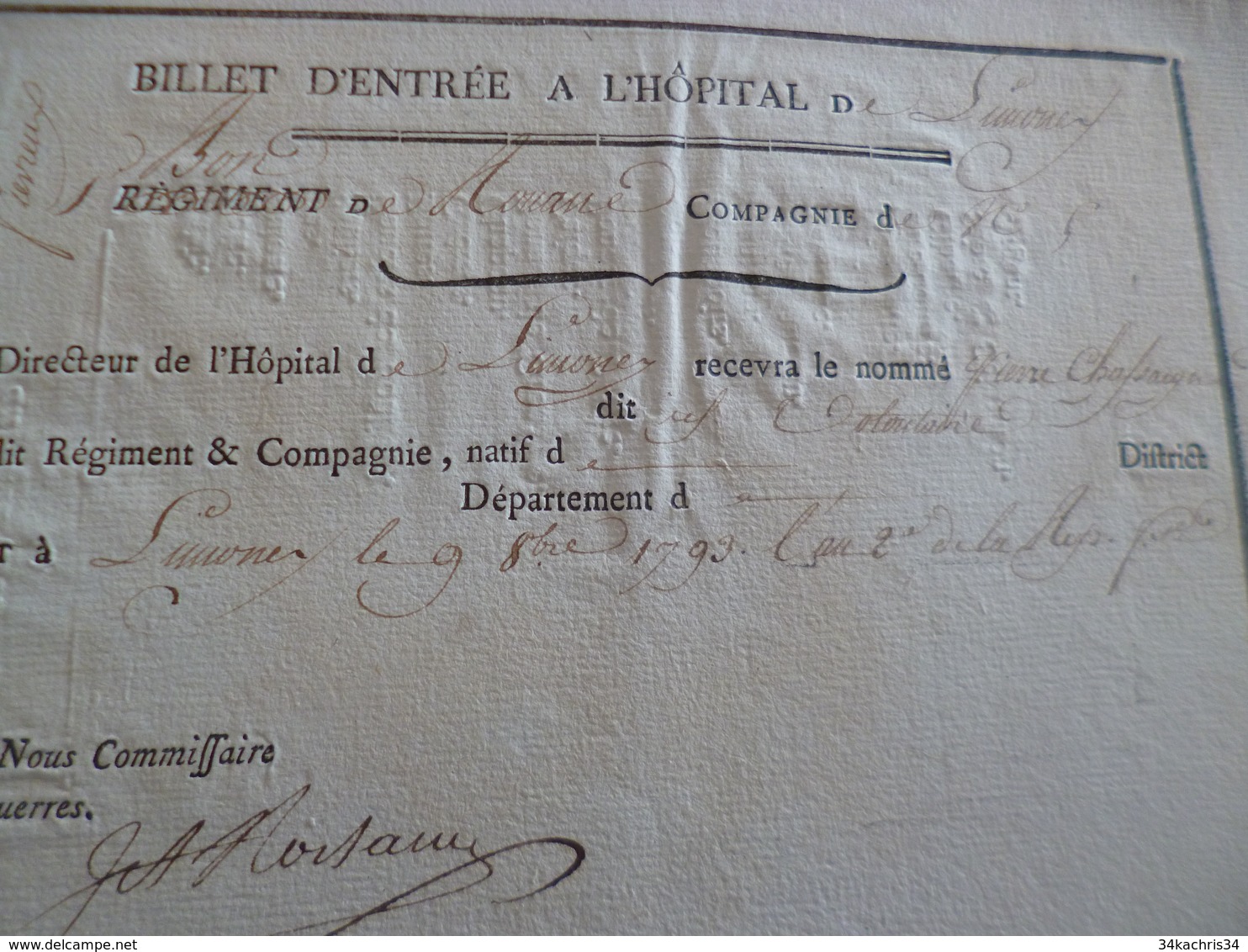 Billet D'entrée à L'Hôpital De Limonest Régiment De Romans 09/10/1793 Chafsaigne - Documenten
