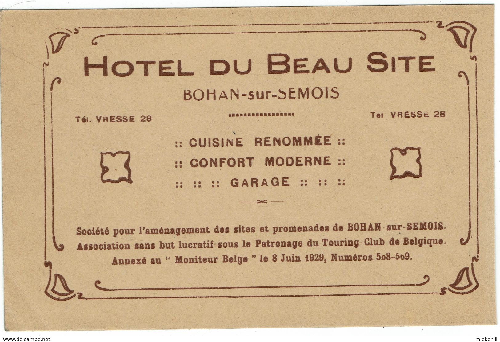 BOHAN SUR SEMOIS -PUBLICITE HOTEL DU BEAU SITE - Vresse-sur-Semois