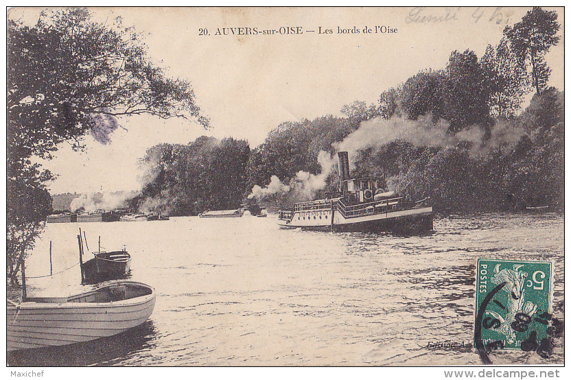 Carte Recollée - Les Bords De L'Oise (Vapeur "Guêpe N° 35  S.G.T.R. Tractant Un Convoi De Chalands) Circ 1909 - Auvers Sur Oise