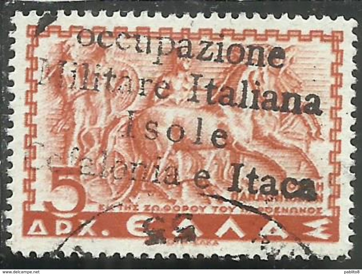 ITACA 1941 MITOLOGICA SOPRASTAMPATO DI GRECIA MYTHOLOGICAL GREECE OVERPRINTED D 5 DRX USATO USED OBLITERE' - Cefalonia & Itaca