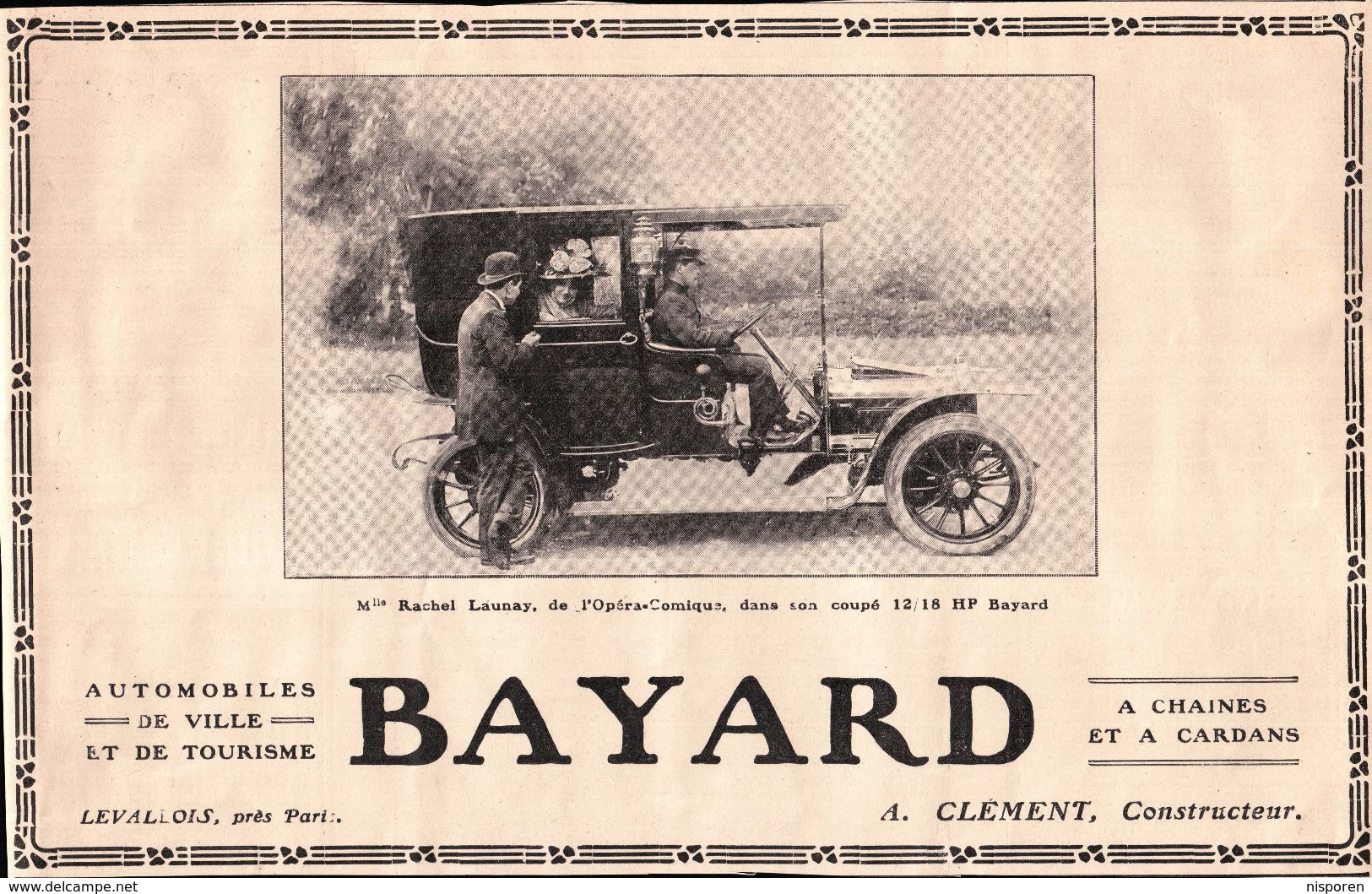 Automobiles De Ville Et De Tourisme Bayard Coupé 12/18 HP - Rachel Launay -  A Clément Constructeur - Publicité 1908 - Pubblicitari
