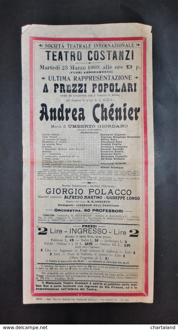 Musica Lirica - Locandina - Rappresentazione Andrea Chènier - 1909 - Formati Speciali