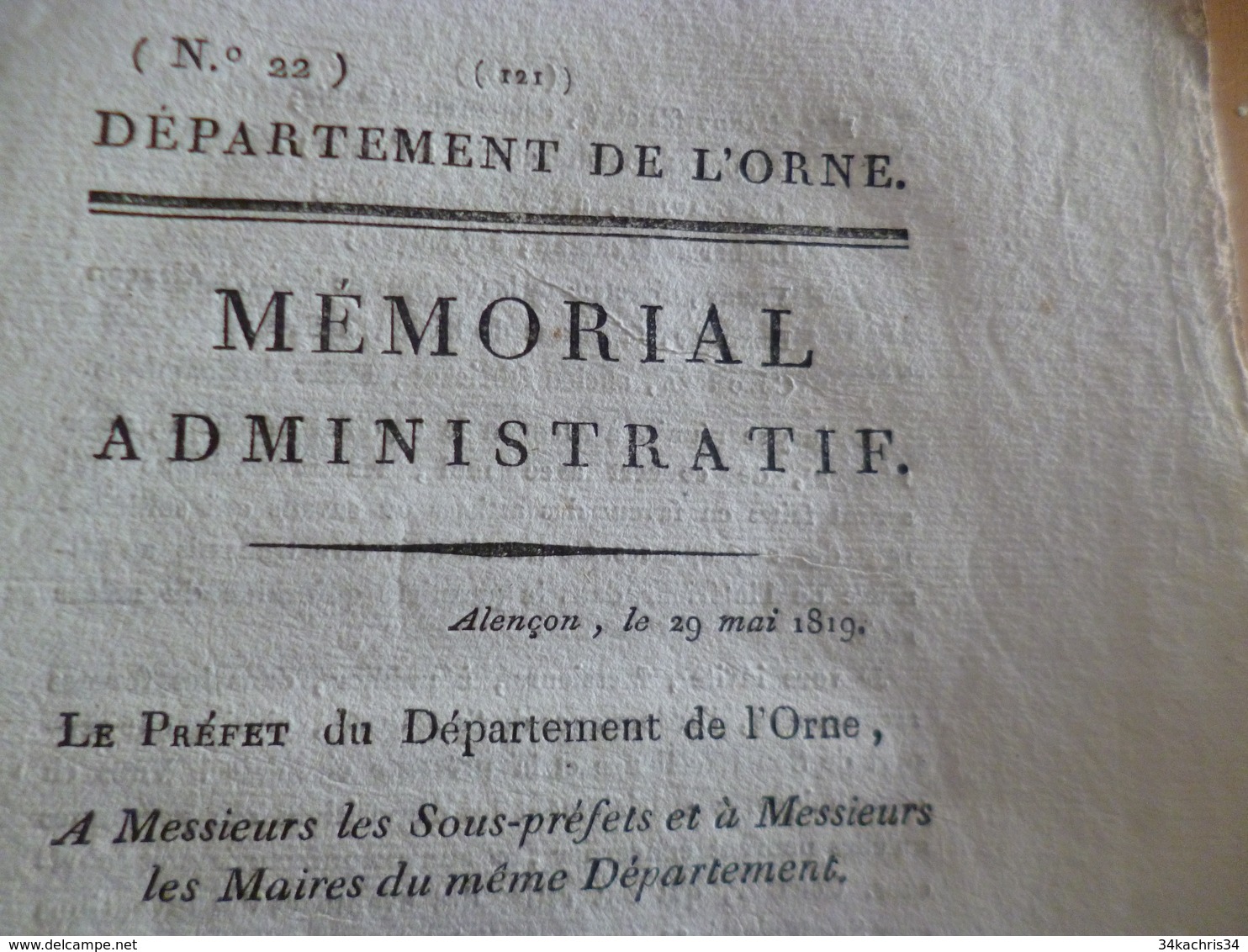 Orne Mémorial Administratif 29/05/1819 Organisation Jury Fabriquants Industriels Tissus Teinture Tissage 6 P - Decrees & Laws