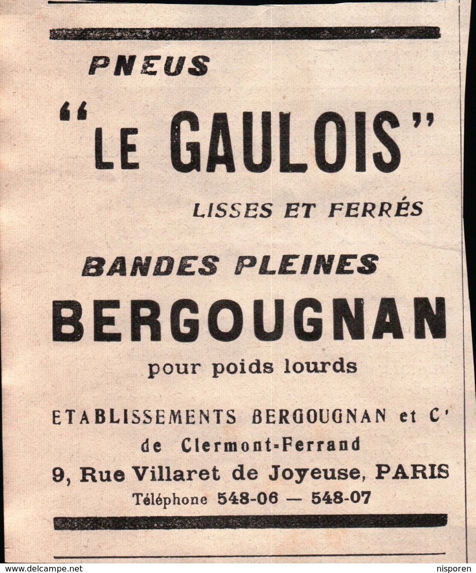 Pneus "Le Gaulois" Bandes Pleines Bergougnan - Publicité 1908 - Advertising