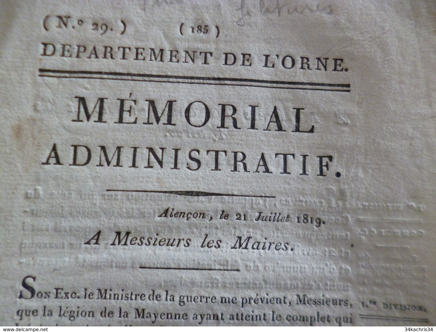 Orne Mémorial Administratif 21/07//1819 Industrie Filatures Légion De Mayence 8p - Décrets & Lois