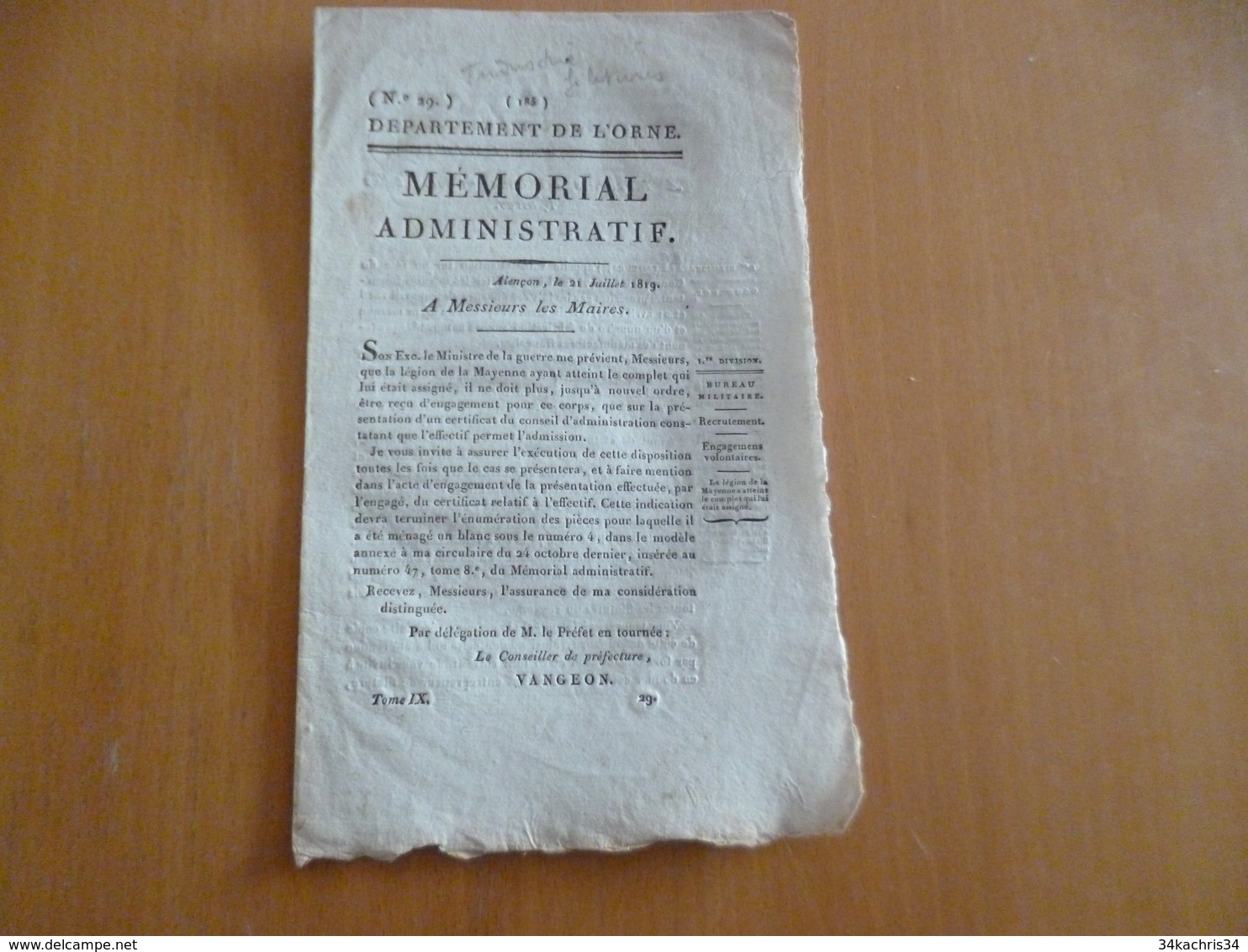 Orne Mémorial Administratif 21/07//1819 Industrie Filatures Légion De Mayence 8p - Décrets & Lois