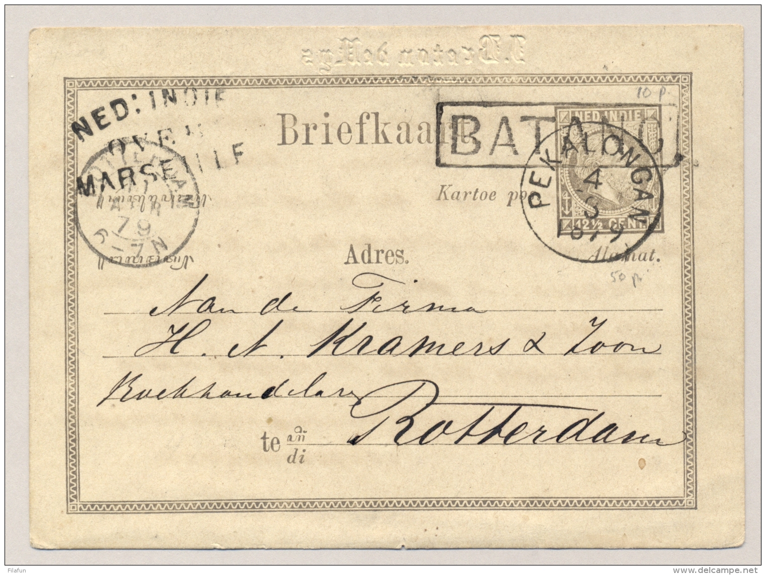 Nederlands Indië - 1879 - 12,5c Willem III Briefkaart G3, Van L BATANG En R PEKALONGAN Via Marseille Naar Rotterdam - Nederlands-Indië