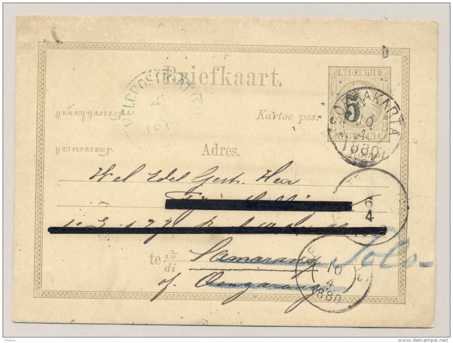 Nederlands Indië - 1880 - Briefkaart G4, Van VELDPOSTK.ATJEH En Puntstempel 66 Via Soerakarta Naar Semarang (en Verder) - Niederländisch-Indien